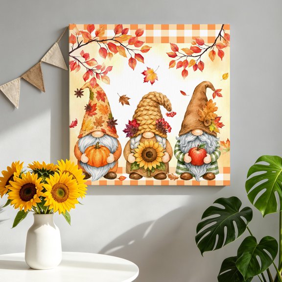 Fall Gnome Canvas Wall Art for Living Room, Thanksgiving Pumpkin Maple Leaf Sunflower Orange Plaid Poster Print Painting for Bedroom Office Home Decoration Wall Pictures Prepare To Hang 10"x10"