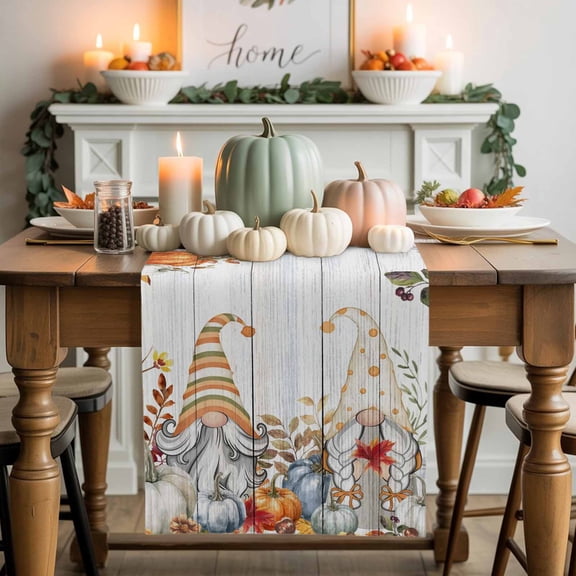 Fall Gnome Cotton Linen Table Runner, Washable Table Runners for Kitchen, Dining Room, Holiday, Home Party Table Decor, 13x36 Inches