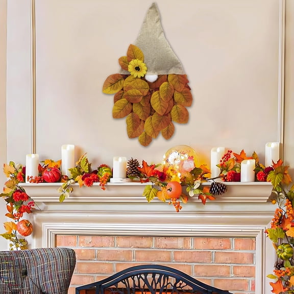 Fall Gnome Door Hanger, Thanksgiving Faceless Gnome Wreath with Autumn Maple Leaves Floral Rustic Farmhouse Entryway Wall Decor