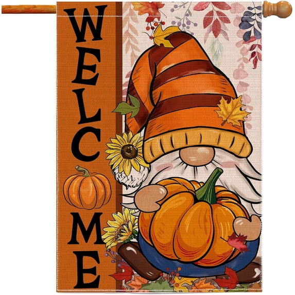 Fall Gnome House Flag, Fall Decor Gnomes Flag 28x40 Double Sided Autumn, Fall Flags Pumpkin Leaves Signs Home Decorations Rustic Welcome Outdoor Farmhouse Thanksgiving