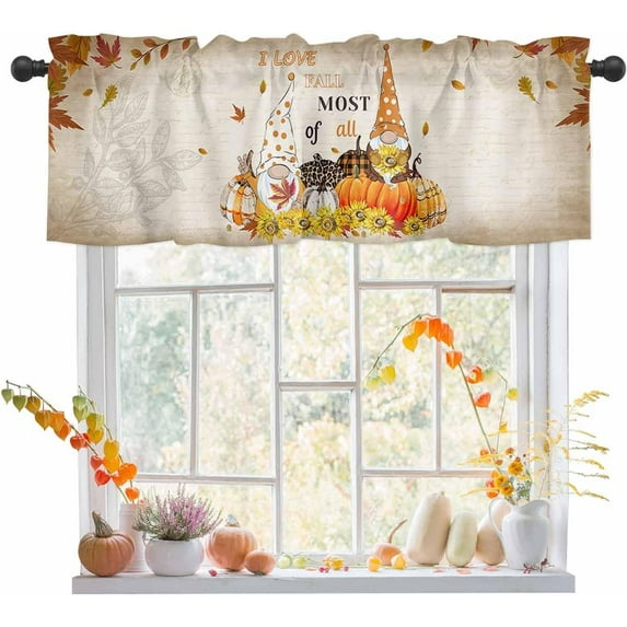 Fall Gnome Kitchen Curtain Valance, Thanksgiving Pumpkin Window Curtain Valance Rod Pocket, 1 Panel Small Valances Window Treatment for Living Room Bedroom Cafe 54x18 Inch Autumn Maple Leaves Vintage