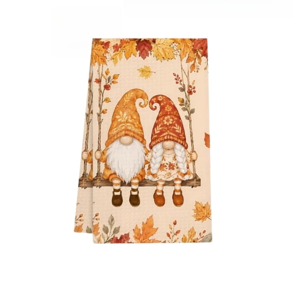 Fall Gnome Kitchen Towel - Watercolor Gnome and Maple Leaf Print Polyester Hand Towel for Kitchen Counters