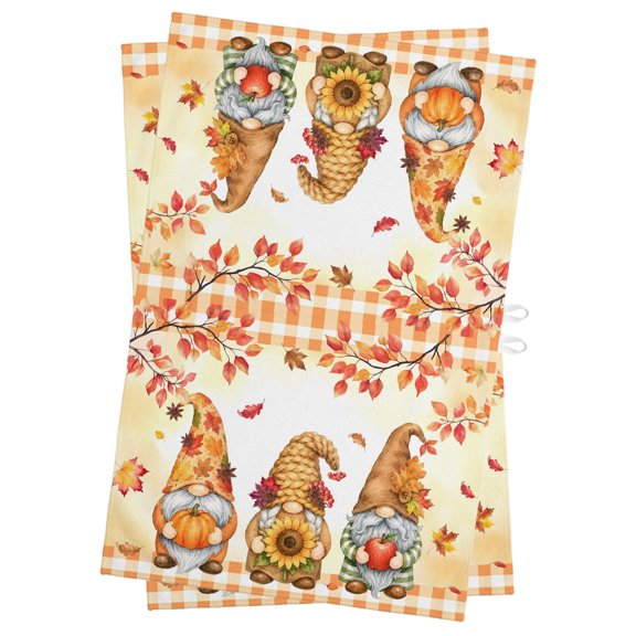 Fall Gnome Kitchen Towels Dish Towel Pack of 2 Thanksgiving Pumpkin Maple Leaf Sunflower Orange Plaid Soft Dish Cloth Set Absorbent Dishcloth for Drying Dishes, Hand Towels 18 x 28 Inches