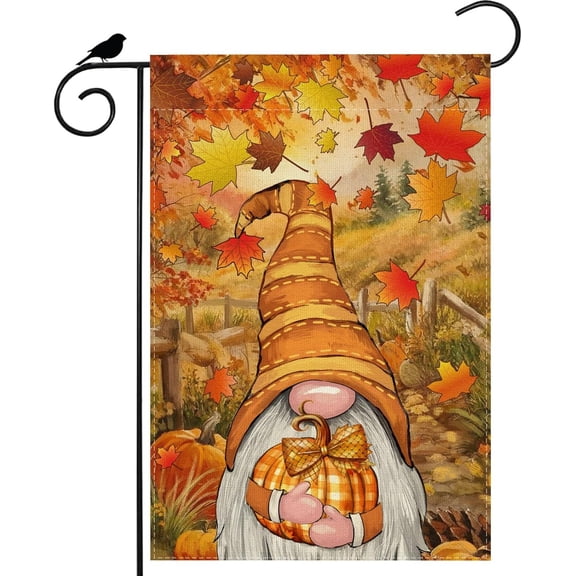 Fall Gnome Maple Leaves Pumpkins Autumn Garden Flag Yard Flag 12x18 Inch Double Sided Small Mini Yard Outdoor Outside Farmhouse Holiday Decoration