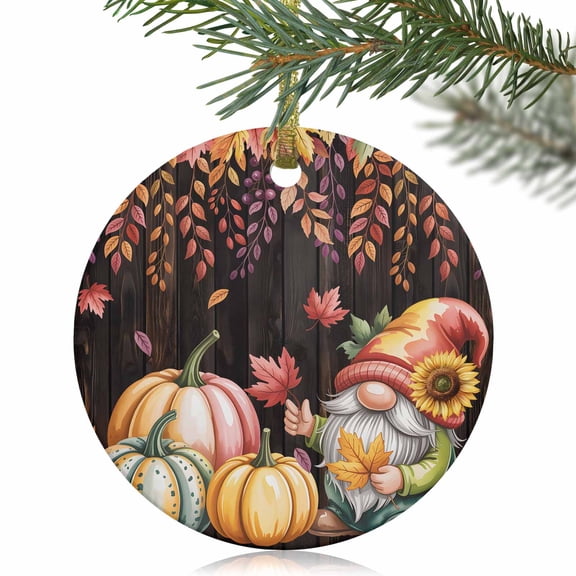 Fall Gnome Pumpkin Maple Leaves Christmas Ceramic Ornament 2025,3" Round Xmas Tree Hanging Accessories with Ribbon,Thanksgiving Leaf on Retro Wood Pendant Ornaments for Holiday Gift Home Party Decor