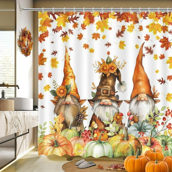 Fall Gnome Pumpkin Shower Curtain Autumn Pumpkin Maple Leaves Bathroom Curtain Autumn Harvest Fruit Sunflower Plant Thanksgiving Sunflower Home Bathtub Decor Waterproof Fabric 72x72 Inch