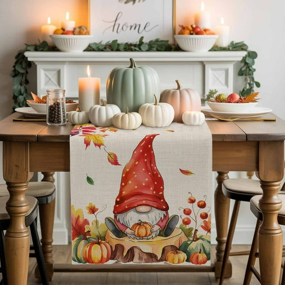 Fall Gnome Pumpkin Table Runner, Autumn Thanksgiving Kitchen Dining Table Decoration for Home Party Decor 13x48 Inches