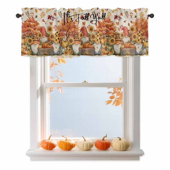 Fall Gnome Pumpkin Valances for Windows, 42 x 18in, Sunflower Fallen Leaves Harvest Vintage Rod Pocket Kitchen Valance Curtain Light Filtering Window Treatments for Living Room Bedroom, 1 Panel