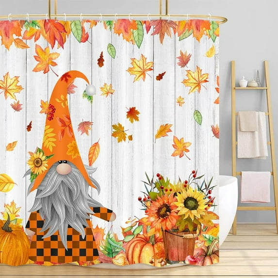 Fall Gnome Shower Curtain, Farmhouse Fall Harvest Thanksgiving Maple Leaves Bath Curtain, Rustic Wooden Sunflower Bathroom Accessories Plaid for Bathroom Curtain Liner Set with Hooks, 72x72IN