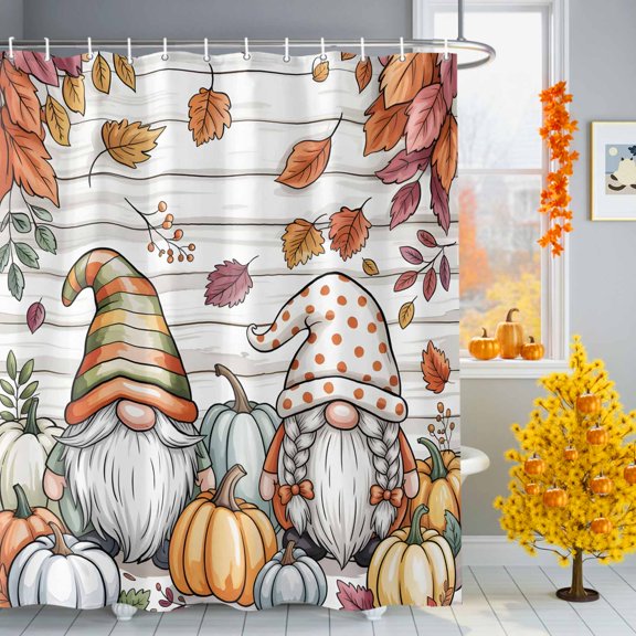 Fall Gnome Shower Curtains for Bathroom, Pumpkin Fallen Leaves Cartoon Wood Grain Waterproof Fabric Shower Curtain for Bathroom Bathtub Decoration, Machine Washable, 54x"78"