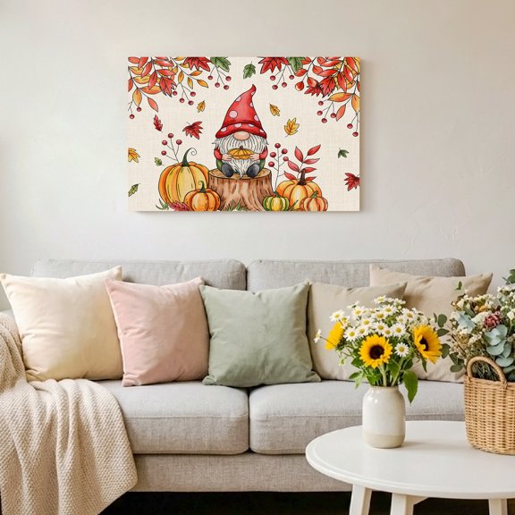 Fall Gnome Thanksgiving Pumpkin Framed Canvas Wall Art Print in USA,Canvas Pictures Painting Prints Maple Leaf Cartoon Style Wall Artwork for Home Office Living Room Bedroom Decor,10"x8"