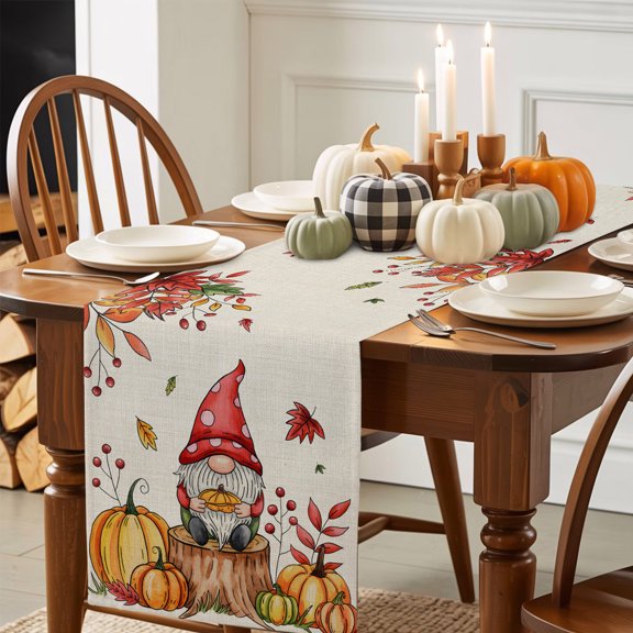 Fall Gnome Thanksgiving Pumpkin Table Runner 70 Inches Long,Kitchen Dining Tablerunners Maple Leaf Cartoon Style Linen Table Runners Dresser Scarves for Home Dinner Wedding Holiday Party Decor