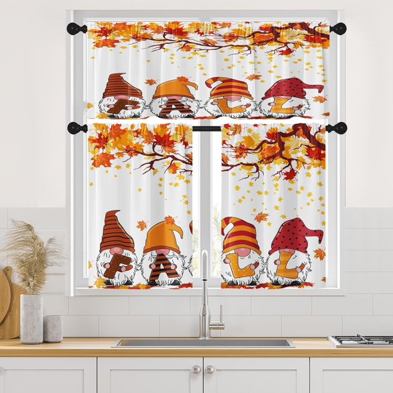 Fall Gnomes Autumn Orange Kitchen Curtains Maple Leaves Thanksgiving Window Curtains Valance and Tier Set 36 Inch Rod Pocket Short Tier Curtain for Room, Cafe Kitchen Decor