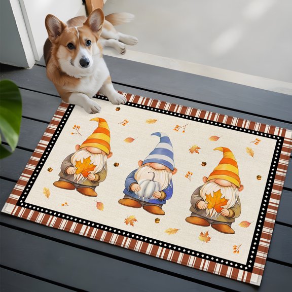Fall Gnomes Bathroom Mat 2x3 FT, Non Slip Small Kitchen Mat, Brown Striped Maple Leaf Botanical Washable Soft Backed Front Door Throw Rug Non-Shedding Indoor Outdoor Doormat for Entryway Sink