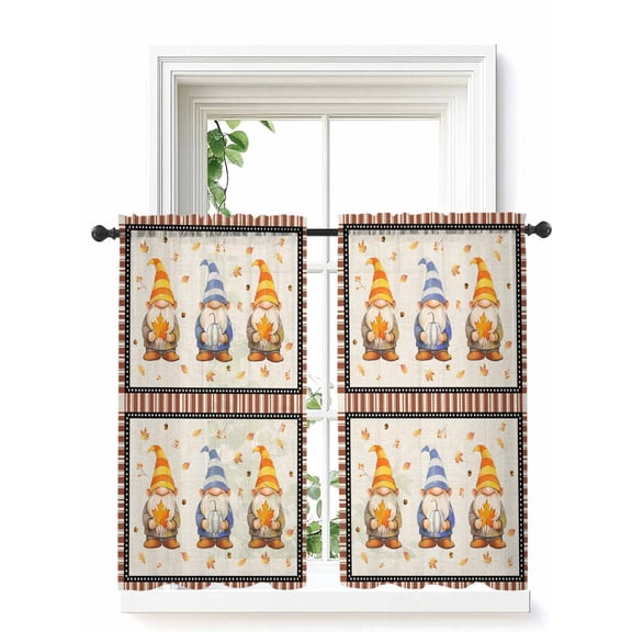 Fall Gnomes Curtains 45 Inch Length, Sheer Curtains for Bedroom Living Room Window Brown Striped Maple Leaf Botanical Rod Pocket Voile Drapes Kitchen Curtains Small Half Window 42"x45" 2 Panels