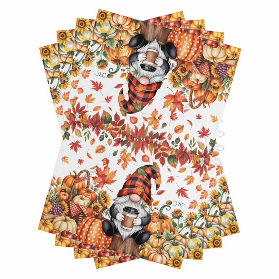 Fall Gnomes Kitchen Towels Set of 4, Water Absorbent Dish Towel, Thanksgiving Orange Pumpkin Rustic Leaves Flowers Decorative Hand Towels - Quick Drying Cloth for Cooking Baking, 18x28 Inch