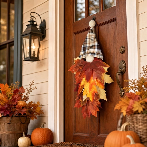 Fall Gnomes Maples Leaf Wreath for Front Door Decoration,Autumn Gnome Hanging with Pointed Hat Rustic Home Decor for Fall Harvest Thanksgiving Halloween Outside Porch Door