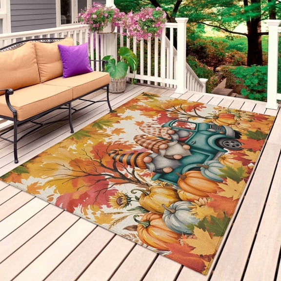 Fall Gnomes Outdoor Rug 3x5 Ft, Non Slip Washable Area Rug, Thanksgiving Pumpkin Truck Autumn Leaves Patio Rugs Carpet Runner, Large Floor Mat for Indoor/Outdoor Deck Porch Camping
