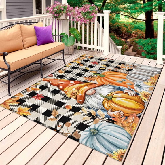 Fall Gnomes Outdoor Rug for Patio/Deck/Porch, Non-Slip Large Area Rug 6 x 9 Ft, Thanksgiving Pumpkins Maple Farmhouse Plaid Indoor Outdoor Rugs Washable Area Rugs, Camping Rug Carpet Runner