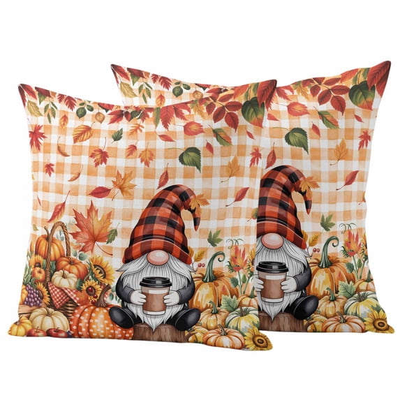 Fall Gnomes Outdoor Waterproof Pillow Covers, Thanksgiving Pumpkins Country Maple Vintage Check Decorative Square Throw Pillowcase Sofa Cushion Sham for Patio/Couch/Chair, 20"x20" 2 Pack