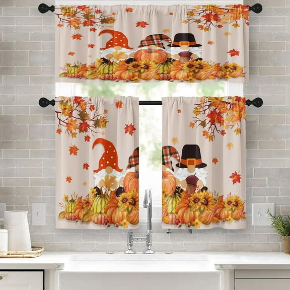 Fall Gnomes Pimpkin Kitchen Window Curtains Valance and Tier Set 36 Inch, Autumn Thanksgiving Maple Leaf 3 Piece Window Treatment Tiers for Living Room Bedroom Kitchen Decor Drapes