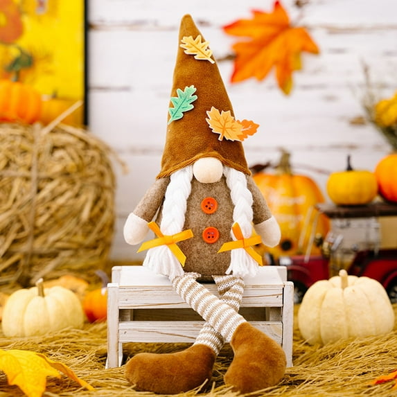 Fall Gnomes Plush Handmade Gnome Swedish Elf Dwarf Figurines with Fall Leaves and Dangle Legs Autumn Thankgiving Decorations for Home Kitchen Tiered Tray Holiday Festival Party Decor