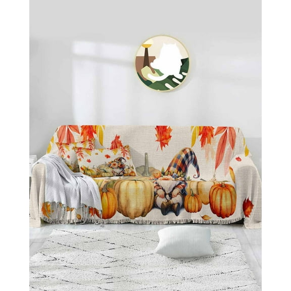 Fall Gnomes Pumpkin Sofa Covers for 3 Cushion,Washable Couch Cover for Sectional Sofa Slipcovers with Tassel,Thanksgiving Orange Beige Leaves Loveseat Covers Futon Cover Throw Blanket 71''x118''