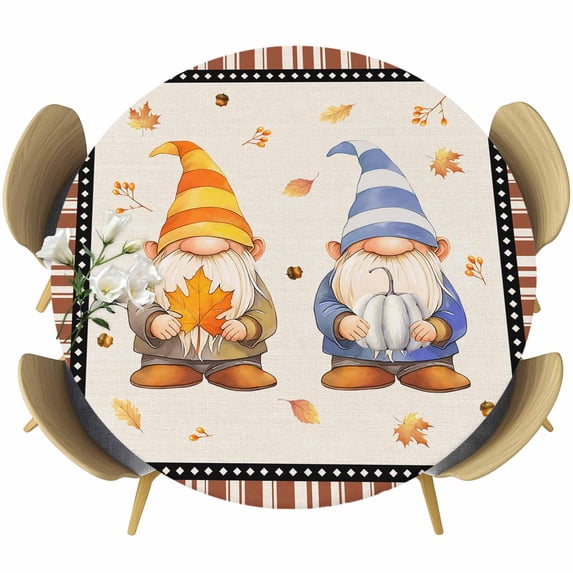 Fall Gnomes Round Tablecloth 45-54 Inch Round Fitted Table Cloth with Elastic Edge, Brown Striped Maple Leaf Botanical Waterproof Table Cover Protector for Outdoor Picnic Party Dining
