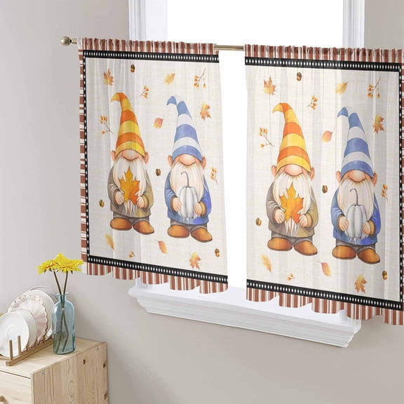 Fall Gnomes Semi Sheer Curtains 45 Inch Length 2 Panels Set, Brown Striped Maple Leaf Botanical Sheer Kitchen Curtain Privacy Voile Window Curtain for Living Room Bedroom Rod Pocket Drapes