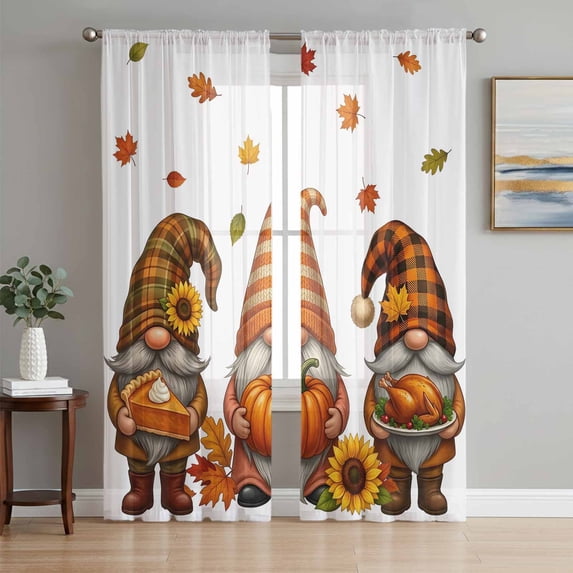 Fall Gnomes Sheer Curtains 84 Inch Length 2 Panels Set, Thanksgiving Sunflower Pumpkins Maple Rustic Voile Window Treatment Rod Pocket Curtains Sheers for Bedroom/Living Room/Kitchen 52"x84"x2