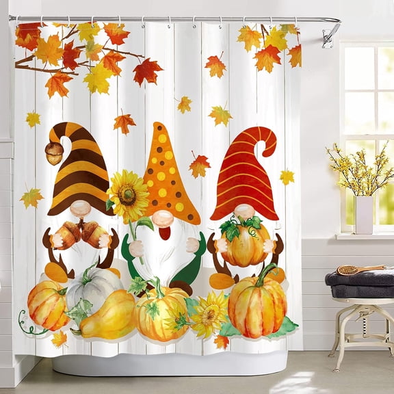 Fall Gnomes Shower Curtain Autumn Watercolor Tomte Pumpkins Bathroom Curtain Maple Leaves Waterproof Toilet Decor with 12 Hooks Home Decoration 72" X 72"