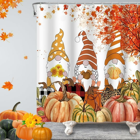 Fall Gnomes Shower Curtain for Bathroom 72H x 72W inches Pumpkins Fall Maple Leaves Dwarfs Thanksgiving Buffalo Farmhouse Shower Curtain Set with Hooks Water Repellent Polyester