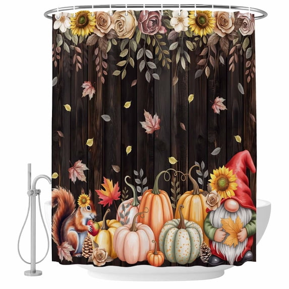 Fall Gnomes Shower Curtain, Waterproof Shower Curtains for Bathroom, Thanksgiving Pumpkin Squirrel Sunflower Brown Washable Fabric Bathtub Curtain Set Bath Decor with 12 Hooks Extra Long 72"x96"
