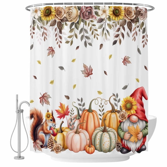 Fall Gnomes Shower Curtain, Waterproof Shower Curtains for Bathroom, Thanksgiving Pumpkin Squirrel Sunflower Leaves Washable Fabric Bathtub Curtain Set Bath Decor with 12 Hooks 48"x72"