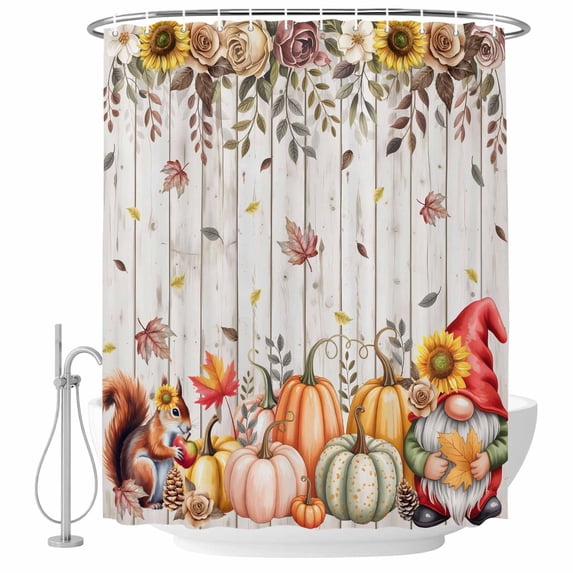 Fall Gnomes Shower Curtain, Waterproof Shower Curtains for Bathroom, Thanksgiving Pumpkin Squirrel Sunflower Wooden Washable Fabric Bathtub Curtain Set Bath Decor with 12 Hooks Stall 36"x72"