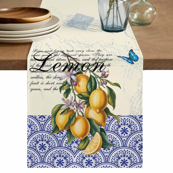Lemon Table Runner 36 Inches, Summer Vintage Yellow Fruits Italy Blue Textured Bed Runner Dresser Scarves Tabletop for Indoor Outdoor Parties/Ceremony/Banquet, 13"x 36"
