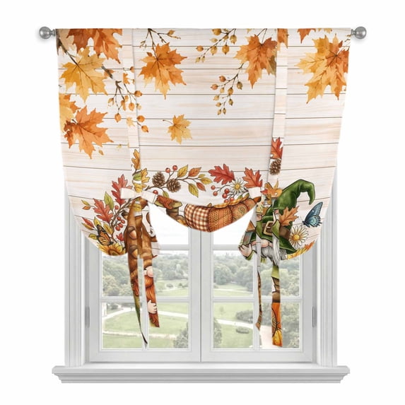 Fall Gnomes Tie Up Curtains 45 Inches Long, Kitchen Window Curtains Over Sink, Thanksgiving Maple Branch Berries Wooden Small Window Curtains Shade Balloon Curtains Valances for Bedroom/Cafe 34"x45"