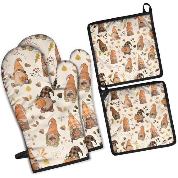 Fall Gnomes with Autumn Leaves Pattern Kitchen Oven Mitt and Pot Holder Sets 4 Pcs for Baking, Cooking and Grilling, Heat Resistant Up To 392 °F