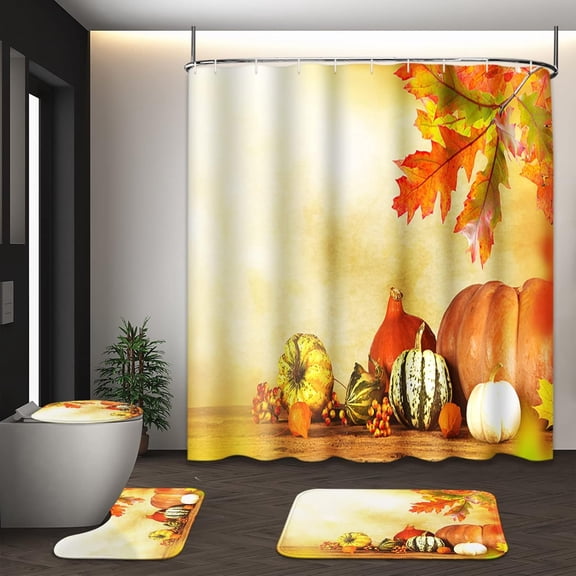 Fall Golden Harvest Shower Curtain Set with Toilet Lid Cover and Non-Slip Rugs, Maple Leaves Pumpkin Corn 4 Pcs Shower Curtain for Bathroom, Autumn Bathroom Set Decor with 12 Hooks
