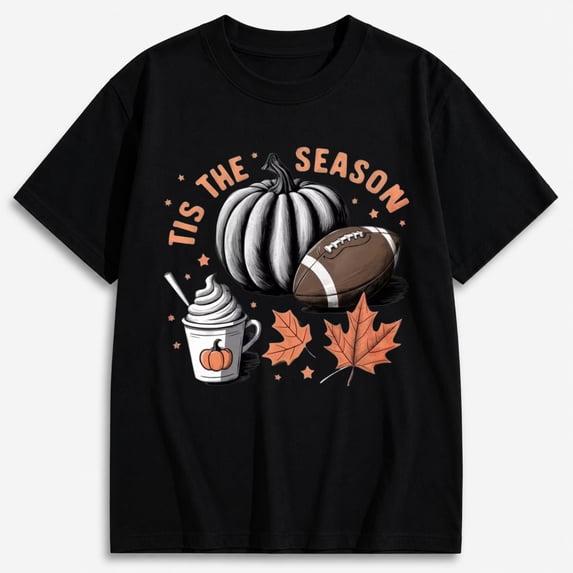 Fall Graphic T-Shirt for Men, Pumpkin Football Coffee Tis the Season Print, Short Sleeve