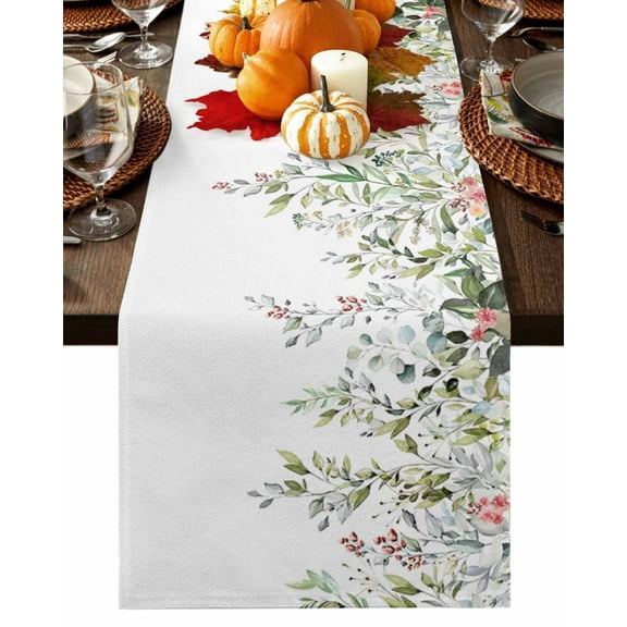 Fall Green Eucalyptus Table Runner-Cotton Linen- 72 Inch Holiday Dresser Scarves, Watercolor Plant Leaves White Tablerunner for Kitchen Coffee/Dining Bedroom Home Living Room Dinner Scarf Décor 18x72