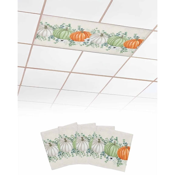Fall Green Fluorescent Light Covers for Ceiling Lights 4x2 feet,4 Pack Magnetic Light Filters for Classroom,Orange White Thanksgiving Pumpkin Eucalyptus Fluorescent Light Shade Panel for Office