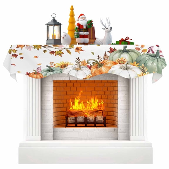 Fall Green Orange Fireplace Mantel Scarf Table Runner, Maple Leaf Tree Thanksgiving Pumpkins Winter Garland Mantel Top Tablerunners Dresser Scarves Cover Decorations for Party Living Room 70"x17"