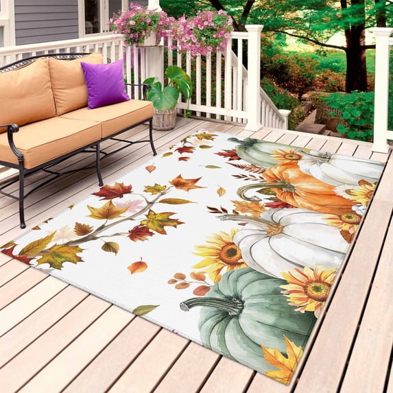 Fall Green Orange Outdoor Rug 4x6 Ft, Non Slip Washable Area Rug, Maple Leaf Tree Thanksgiving Pumpkins Patio Rugs Carpet Runner, Large Floor Mat for Indoor/Outdoor Deck Porch Camping
