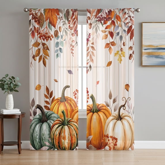 Fall Green Orange Pumpkins Sheer Curtains 63 Inch Length 2 Panels Set, Thanksgiving Autumn Leaves Voile Window Treatment Rod Pocket Curtains Sheers Drapes for Bedroom/Living Room/Kitchen 52x"63"x2