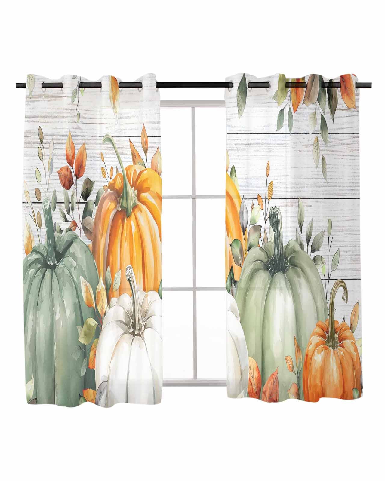 Fall Green Pumpkin Sheer Curtains 54 Inch Length 2 Panels Thanksgiving