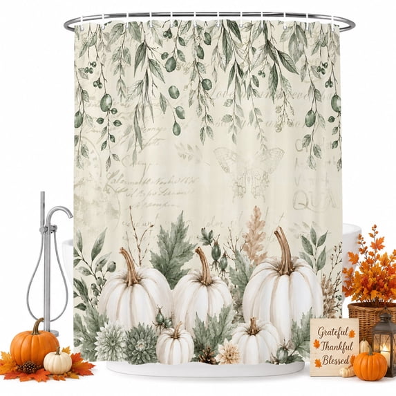 Fall Green Pumpkins Shower Curtain, Waterproof Shower Curtains for Bathroom, Thanksgiving Vintage Eucalyptus Floral Washable Fabric Bathtub Curtain Set Bath Decor with 12 Hooks Stall 36"x72"