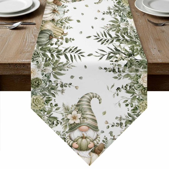 Fall Green Pumpkins Table Runner Linen Burlap Table Runner 70 Inches Long Thanksgiving Autumn Gnomes Floral Leaf Dresser Scarves for Kitchen Island Coffee Dining Room Party Holiday Decoration 13"x70"