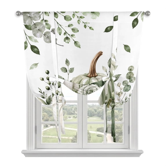 Fall Green Pumpkins Tie Up Curtains for Windows, Balloon Window Shades, Thanksgiving Eucalyptus Leaf Flower Berries Kitchen Window Treatments Roll Up Curtain for Basement/Nursery 52"x45"