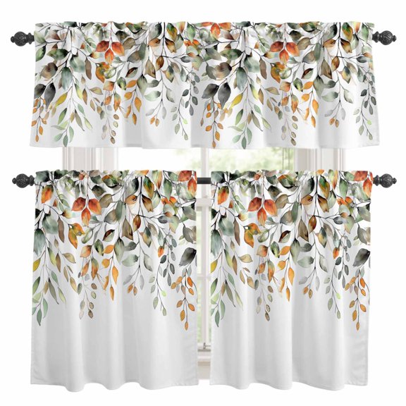 Fall Green Sage Leaf Kitchen Curtains Valances and Tiers Set of 3 Eucalyptus Leaf Tier Curtains and Valance with Rod Pocket for Small Windows, 27.5"x24"